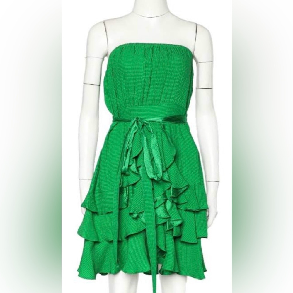 Rebecca Taylor Strapless Ruffled Tequila Bingo Mini Dress Kelly Green Silk ZB9